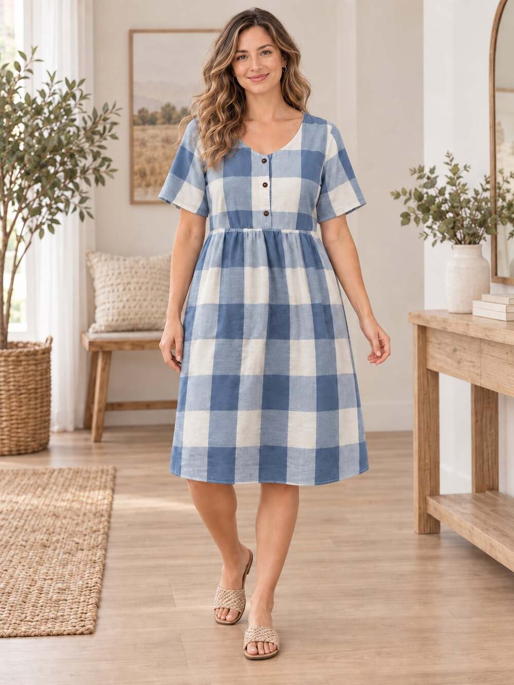 Polagram Blue White Gingham Check Midi Dress Cotton Pockets Small